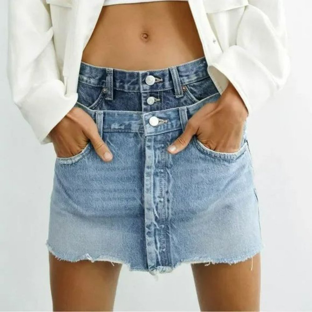 ZARA VIRAL TRF DOUBLE WAISTED DENIM MINI SKIRT NWT - Picture 2 of 2